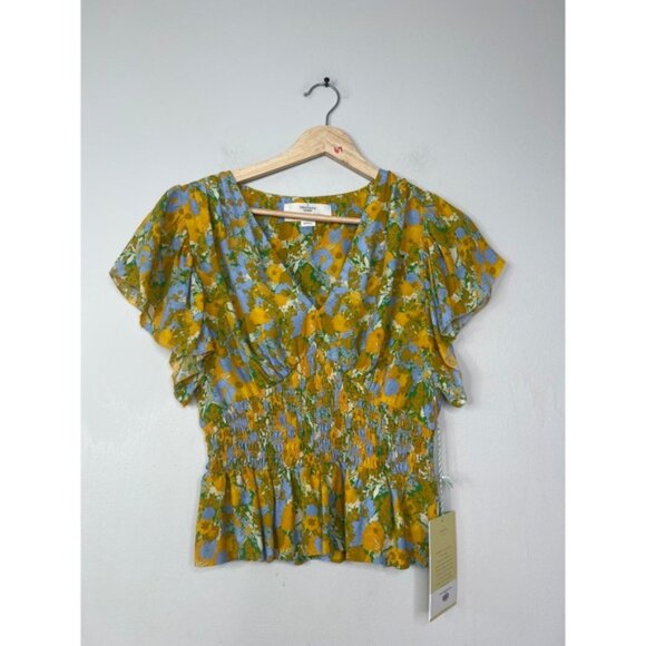 NWT Birds of Paradis Trovata V-Neck Paloma Blouse Golden Briar Yellow Floral - Picture 2 of 8